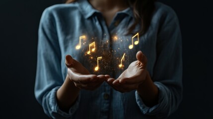 A woman holding glowing musical notes in her hands. --ar 16:9 --personalize jaydbm9 --v 6.1 Job ID: cf64fb51-70ba-4f42-ba3e-c30651409fda