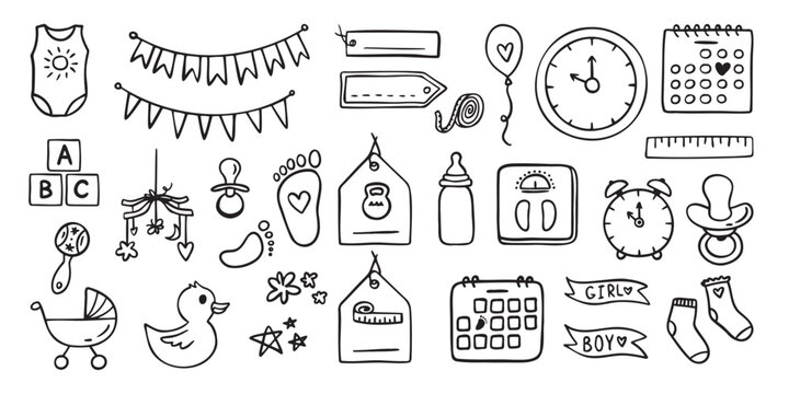 Baby metric hand drawn icons. Birth announcement doodle . Vector set newborn hand drawn elements. Gender party outline icons. Birth, Age, height, weight data with cute baby accessories. - Powered by Adobe