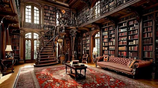 a library with a staircase and a couch