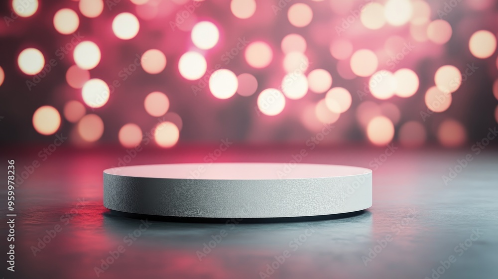 Poster a sleek round pedestal with a blurred bokeh backdrop, creating an elegant setting for product displa