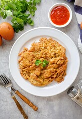 Thai style omelet stuff minced pork ,street food of thailand ,Thai call kai jeaw moo sab , Top view...