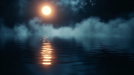 Obraz premium The moon in its last quarter phase, casting a faint light over a calm river with mist rising from the water.