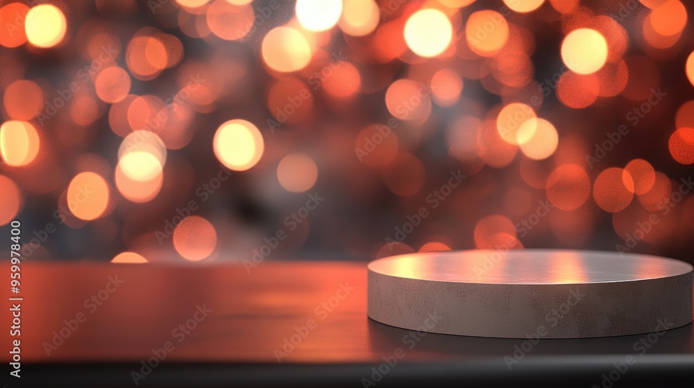 Poster a sleek round pedestal with a blurred bokeh backdrop, creating an elegant setting for product displa