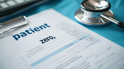 A medical report labeled "patient zero," with a close-up of the documentâ€™s title.
