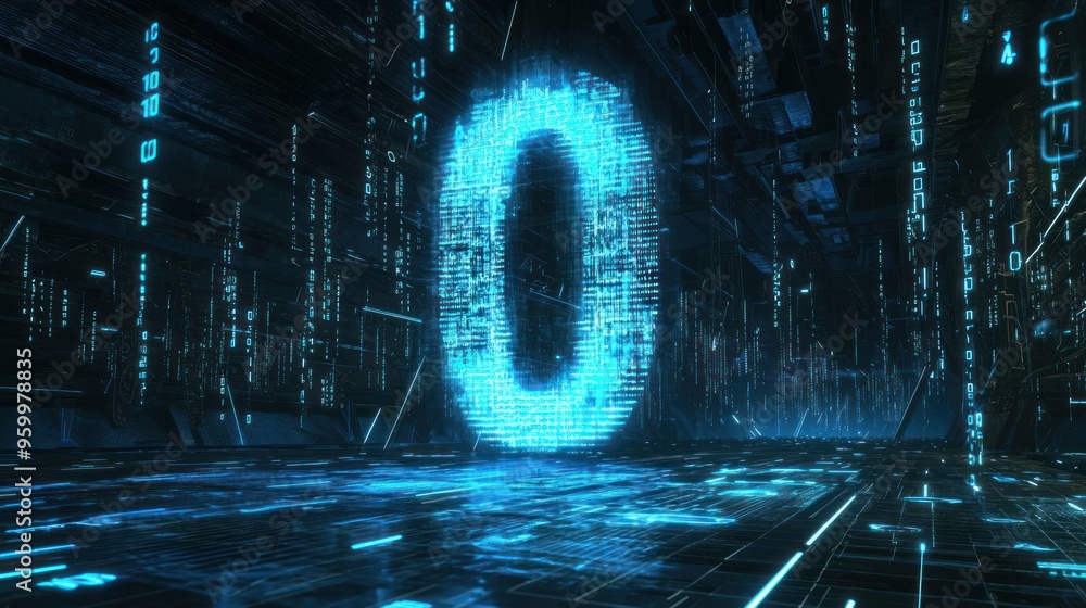 Poster a large, bold number zero in the center of a digital screen, symbolizing a countdown or start.