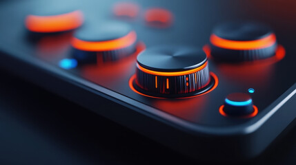 A close-up shot of illuminated control knobs on an electronic device, highlighting precision, technology, and modern design.