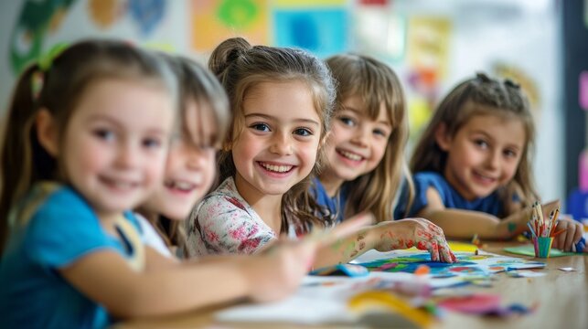 Happy smiling kids are doing arts and crafts in day care centre together. Education concept