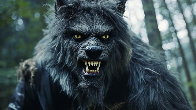 Person wearing a detailed werewolf mask, with fur and fangs, under a full moon in a forest setting