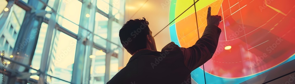 Poster a professional analyzing data on a large interactive screen, demonstrating the importance of technol