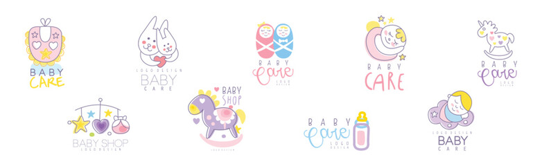 Baby Care Logo Design with Cute Element Vector Set