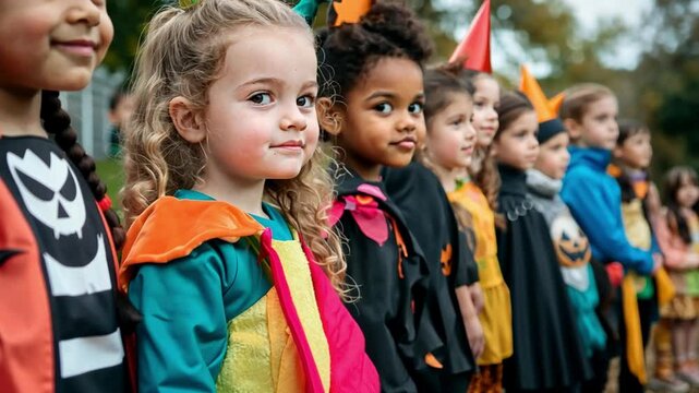 Children in costumes lined up for a Halloween parade in their school, with teachers and parents watching