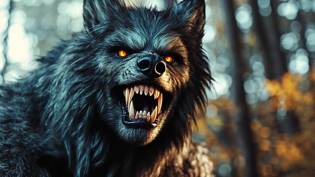 Person wearing a detailed werewolf mask, with fur and fangs, under a full moon in a forest setting