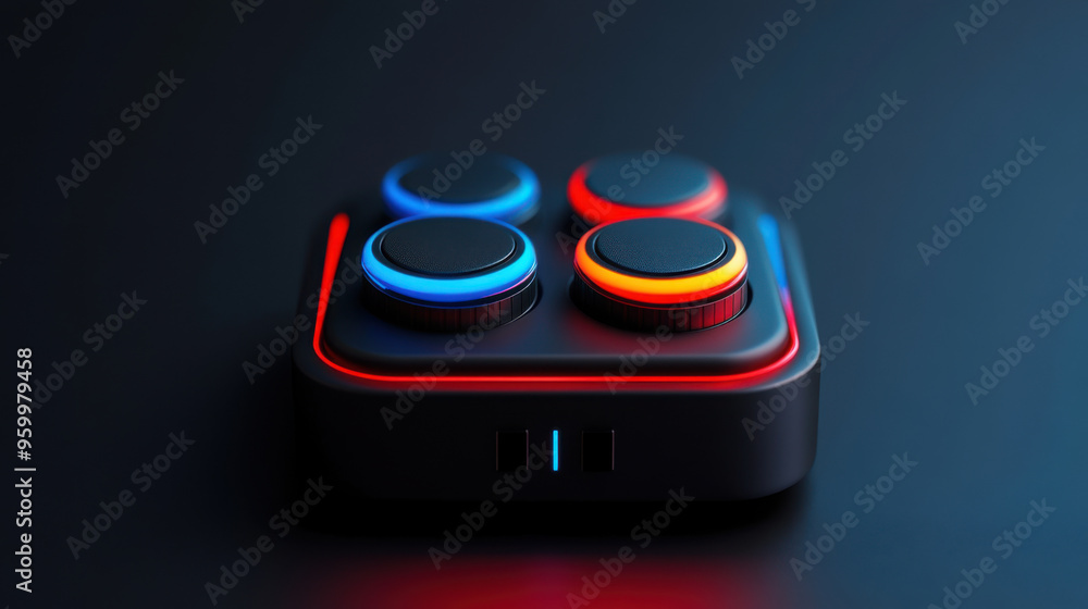 Poster close-up of a modern audio controller with vibrant blue and red illuminated dials on a dark backgrou