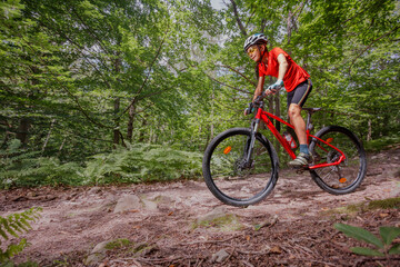 Fototapeta premium Mountain biking fun through a lush green forest, rider in red