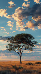 Fototapeta premium Acacia tree in the middle of the savannah, dramatic clouds forming in the sky, evening light casting long shadows