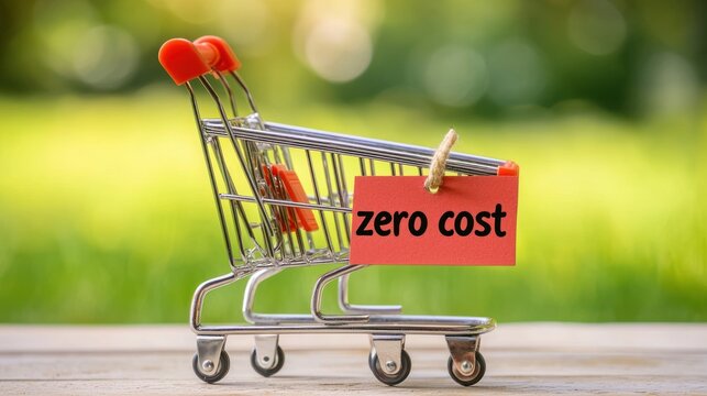 A shopping cart with a "zero cost" tag, symbolizing a free item or giveaway.