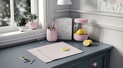 A child is engaged in a creative drawing session at a grey table in a bright living room, surrounded by colorful drawings, pencils, and a glass of lemonade