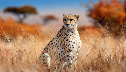Naklejka premium A cheetah sits in tall, golden grass, its body partially obscured by leaves, against the softly focused backdrop of the African plains.