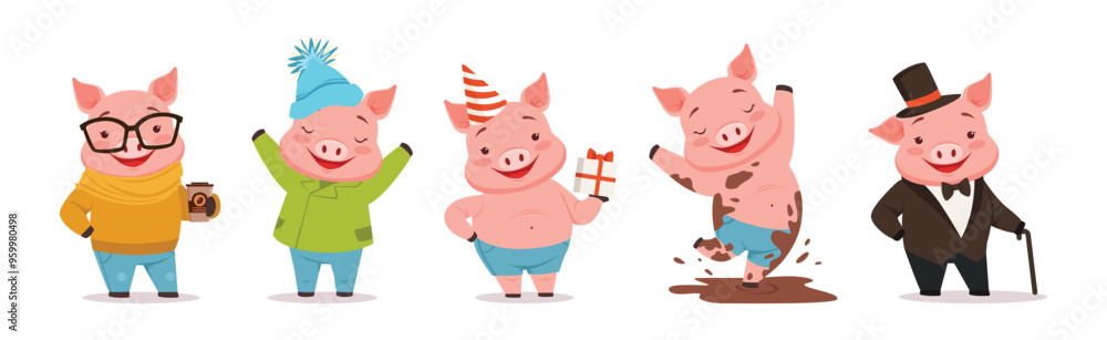 Poster little pig character engaged in different activity vector set