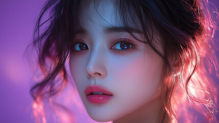 A Korean woman with curly hair poses against a vibrant purple backdrop, showcasing beauty and elegance in a soft lighting setup