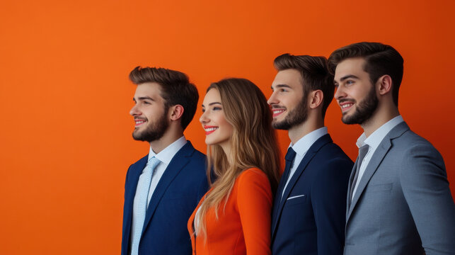 Group of young professionals in business attire smiling confidently against a vibrant orange background, symbolizing teamwork and success.