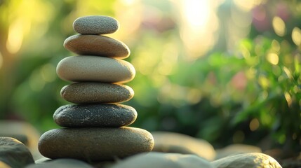 Obraz premium A close-up of zen rocks stacked in a meditation garden, with soft focus on the background.