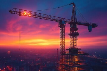 majestic construction site silhouette at dusk towering crane outlined against vibrant orange and purple sunset sky partly finished skyscraper rises dramatically