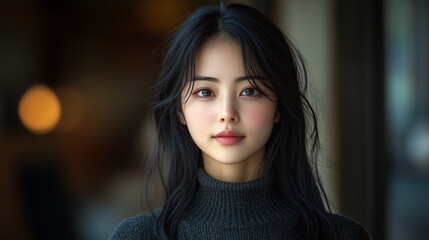 Fototapeta premium A Korean woman poses with a serene expression in soft lighting, showcasing her natural beauty in an indoor setting