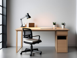 A minimalist office desk with a computer and books on top,