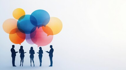 Group of silhouettes in discussion, overlapping speech bubbles, gradient background, silhouette conversation bubble, teamwork and communication