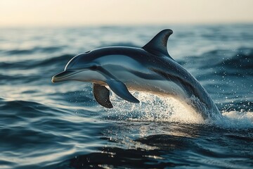 Obraz premium majestic dolphin midleap above a pristine blue ocean surface showcasing power and grace against a clear sky