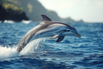 majestic dolphin midleap above a pristine blue ocean surface showcasing power and grace against a clear sky