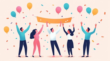 Five People Celebrating with Balloons and Confetti