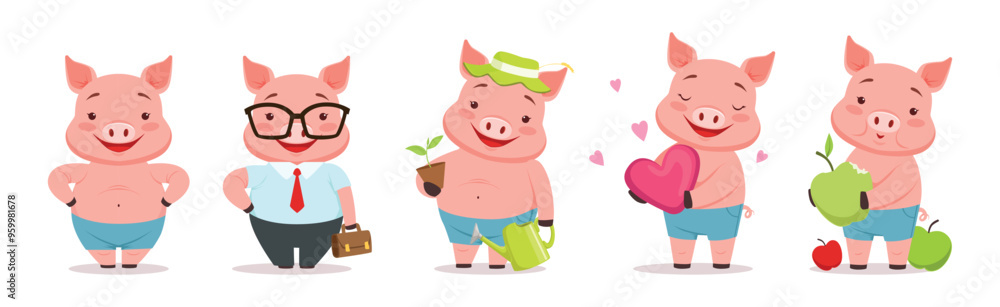 Poster little pig character engaged in different activity vector set