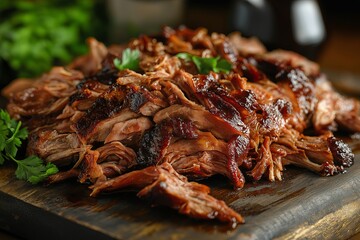 Appetizing Baked pork ribs with rosemary on wooden board, closeup