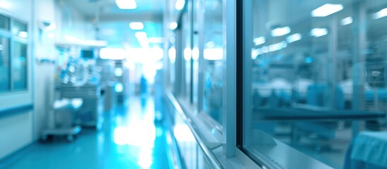 Obraz premium blue tone blurred hospital laboratory room corridor background