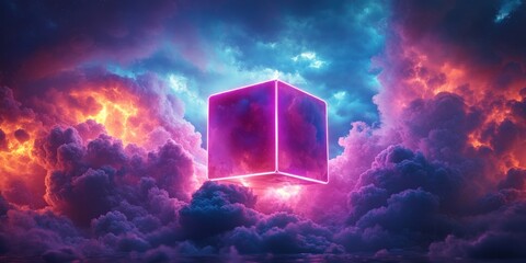 Futuristic Neon Cube with Glowing Clouds Night Sky