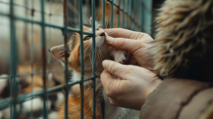 Woman Smiling While Feeding Tabby Kitten in Animal Shelter - Pet Care and Humane Society Support. Generative ai
