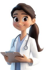 Cute 3D cartoon doctor, female with a ponytail, wearing a white coat and holding a clipboard