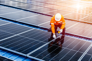 Professional Engineer Service Solar Panel. Worker Maintenance Cleaning Replacing Solar Panel. Solar...