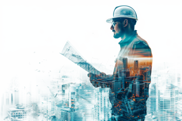 Construction engineer in double exposure above city and construction site isolated on transparent background	
