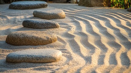 A tranquil zen garden with carefully raked sand and neatly arranged rocks.