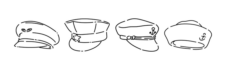 Set line drawing of police hat, sailor cap, pilot hat. Isolated on white background. Vector illustration. © Irkhamsterstock