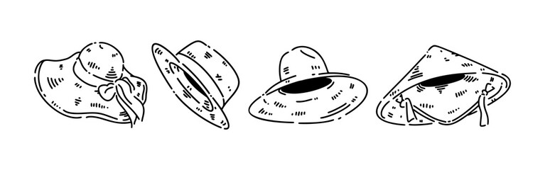 Set line drawing of straw hat, sun hat, farmer hat. Isolated on white background. Vector illustration.