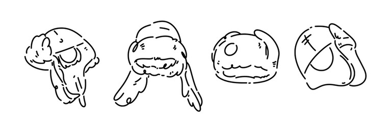Set line drawing of winter trapper hat, earflaps, ushanka. Isolated on white background. Vector illustration.