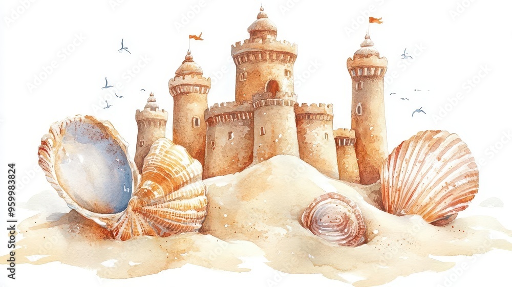 Wall mural A sandcastle with seashells, childhood summer memory, handdrawn illustration, isolated on white background