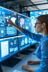 Woman Data Scientist Analyzes Big Data on Monitors, Showing Infographics and Data Analysis.