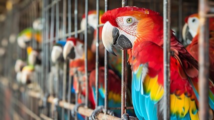 A colorful macaw parrot in a cage.