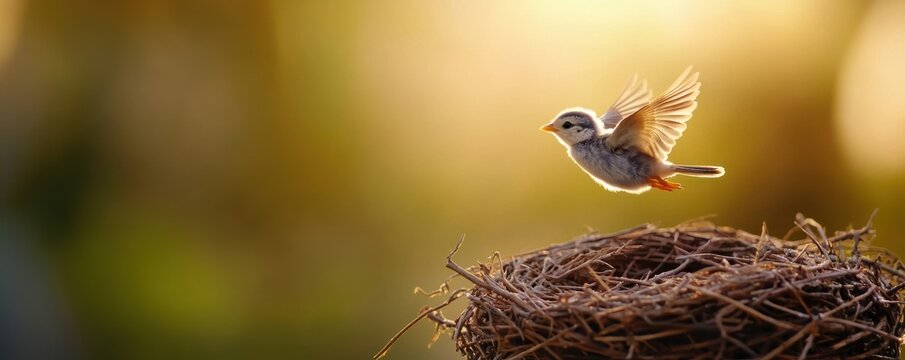 A baby bird taking its first flight from the nest, symbolizing courage