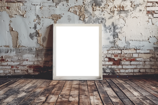 White canvas frame mockup on grungy brick wall and wooden floor